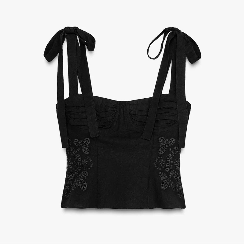 Zara Embroidered Tie Top with Straps, Sz Small